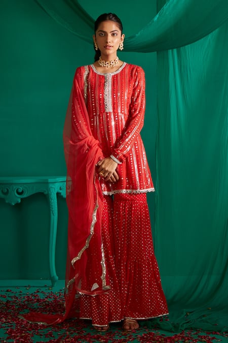 Buy Mustard Moon By Neyha And Vrinda Red Georgette, Net Sequins, Embroidery Round And Thread Work Kurta Sharara Set Online at Aza Fashions Buy_Mustard Moon By Neyha And Vrinda_Red Georgette, Net Sequins, Embroidery Round And Thread Work Kurta Sharara Set _Online_at_Aza_Fashions
