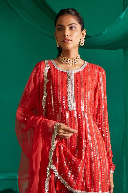 Shop Mustard Moon By Neyha And Vrinda Red Georgette, Net Sequins, Embroidery Round And Thread Work Kurta Sharara Set Online at Aza Fashions Shop_Mustard Moon By Neyha And Vrinda_Red Georgette, Net Sequins, Embroidery Round And Thread Work Kurta Sharara Set _Online_at_Aza_Fashions
