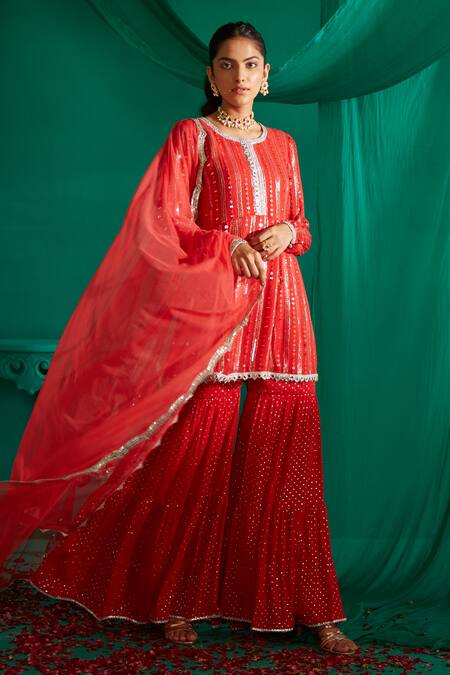 Buy Mustard Moon By Neyha And Vrinda Red Georgette, Net Sequins, Embroidery Round And Thread Work Kurta Sharara Set Buy_Mustard Moon By Neyha And Vrinda_Red Georgette, Net Sequins, Embroidery Round And Thread Work Kurta Sharara Set