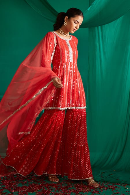 Shop Mustard Moon By Neyha And Vrinda Red Georgette, Net Sequins, Embroidery Round And Thread Work Kurta Sharara Set Shop_Mustard Moon By Neyha And Vrinda_Red Georgette, Net Sequins, Embroidery Round And Thread Work Kurta Sharara Set