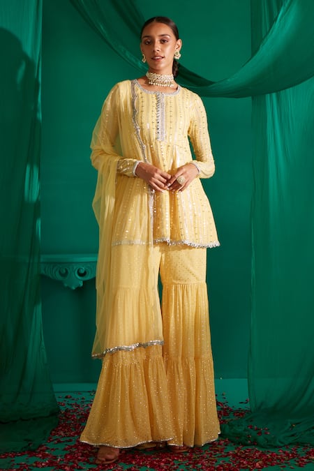 Mustard Moon by Neyha and Vrinda Yellow Georgette Embroidery Sequin Round And Thread Work Short Kurta Sharara Set