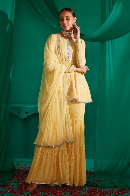 Shop_Mustard Moon By Neyha And Vrinda_Yellow Georgette, Net Sequins, Embroidery And Thread Work Short Kurta Sharara Set _at_Aza_Fashions