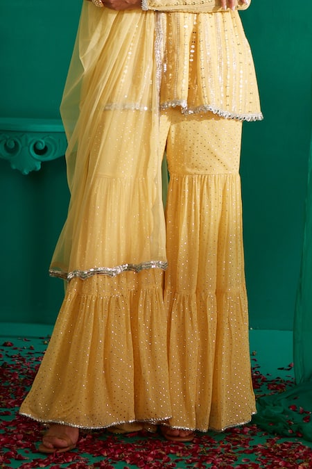 Mustard Moon By Neyha And Vrinda_Yellow Georgette, Net Sequins, Embroidery And Thread Work Short Kurta Sharara Set _Online_at_Aza_Fashions