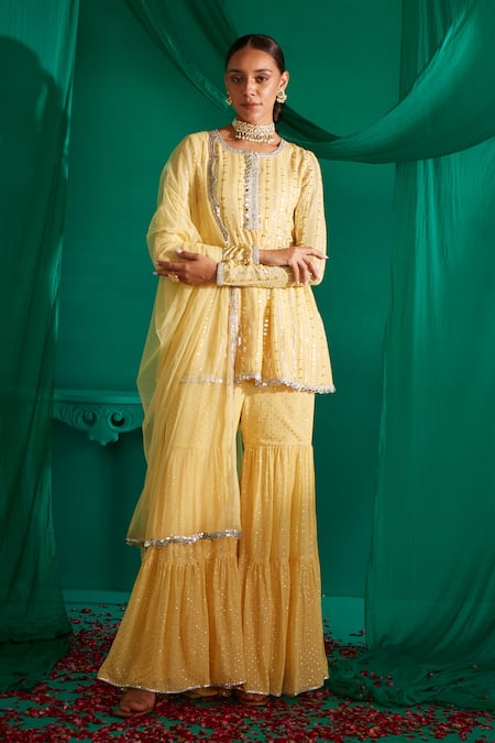 Buy_Mustard Moon By Neyha And Vrinda_Yellow Georgette, Net Sequins, Embroidery And Thread Work Short Kurta Sharara Set _Online_at_Aza_Fashions