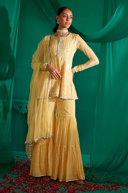 Shop_Mustard Moon By Neyha And Vrinda_Yellow Georgette, Net Sequins, Embroidery And Thread Work Short Kurta Sharara Set _Online_at_Aza_Fashions