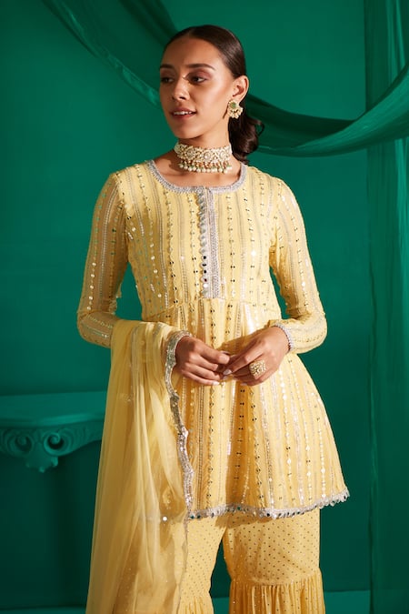 Mustard Moon By Neyha And Vrinda_Yellow Georgette, Net Sequins, Embroidery And Thread Work Short Kurta Sharara Set _at_Aza_Fashions