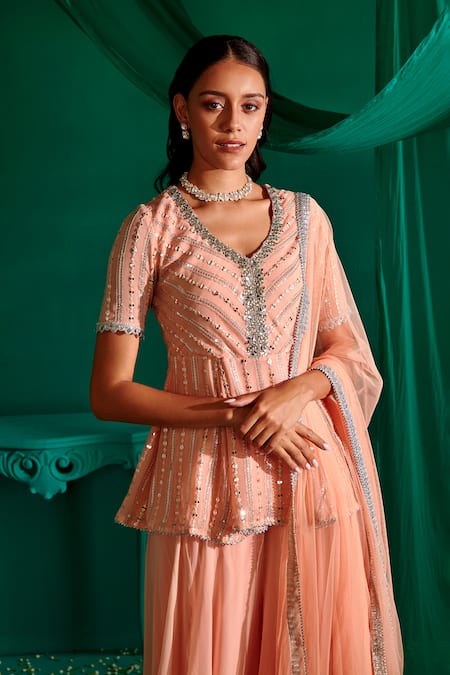Mustard Moon By Neyha And Vrinda_Peach Georgette, Net Embroidery, Sequins Polo Work Peplum Kurta Sharara Set _Online_at_Aza_Fashions