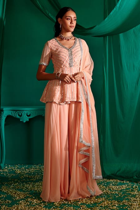 Buy_Mustard Moon By Neyha And Vrinda_Peach Georgette, Net Embroidery, Sequins Polo Work Peplum Kurta Sharara Set _Online_at_Aza_Fashions