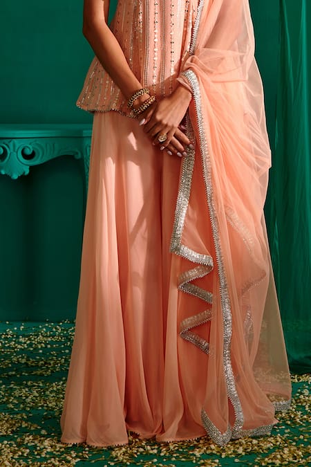 Shop_Mustard Moon By Neyha And Vrinda_Peach Georgette, Net Embroidery, Sequins Polo Work Peplum Kurta Sharara Set _Online_at_Aza_Fashions