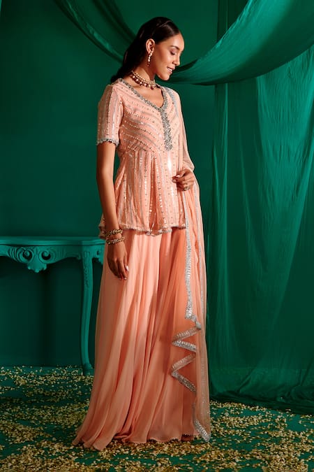 Mustard Moon By Neyha And Vrinda_Peach Georgette, Net Embroidery, Sequins Polo Work Peplum Kurta Sharara Set _at_Aza_Fashions