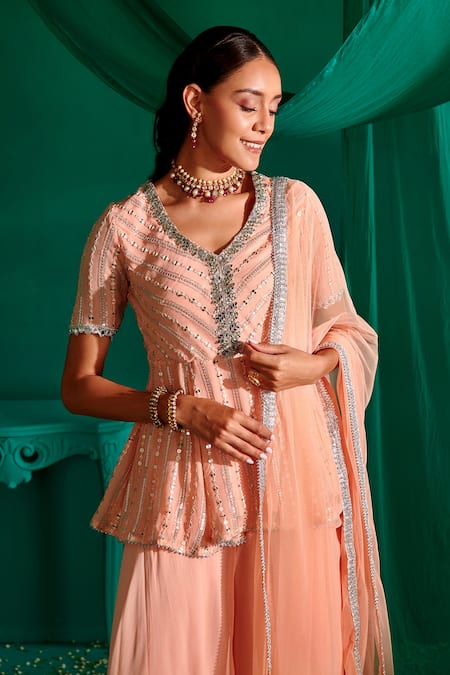 Buy_Mustard Moon By Neyha And Vrinda_Peach Georgette, Net Embroidery, Sequins Polo Work Peplum Kurta Sharara Set 