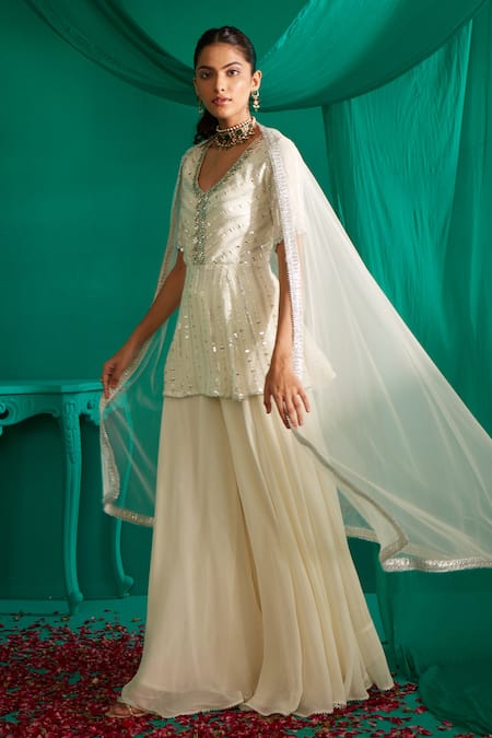 Mustard Moon By Neyha And Vrinda_Ivory Georgette, Net Mirrors, Sequins Work Peplum Kurta Sharara Set _at_Aza_Fashions