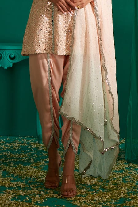 Mustard Moon By Neyha And Vrinda_Peach Georgette, Satin Sequins, Embroidery Round Neck Kurta Tulip Pant Set _Online_at_Aza_Fashions