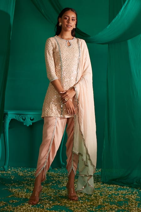 Buy_Mustard Moon By Neyha And Vrinda_Peach Georgette, Satin Sequins, Embroidery Round Neck Kurta Tulip Pant Set _Online_at_Aza_Fashions