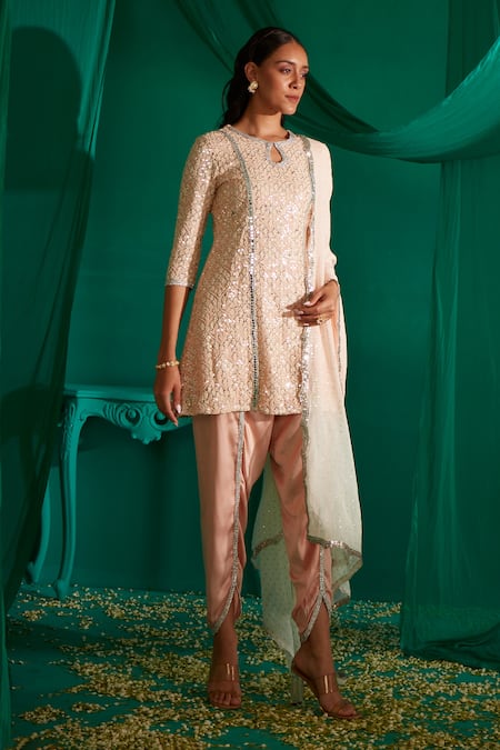Shop_Mustard Moon By Neyha And Vrinda_Peach Georgette, Satin Sequins, Embroidery Round Neck Kurta Tulip Pant Set _Online_at_Aza_Fashions
