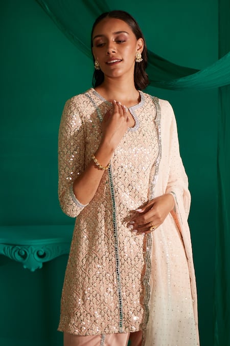 Buy_Mustard Moon By Neyha And Vrinda_Peach Georgette, Satin Sequins, Embroidery Round Neck Kurta Tulip Pant Set 