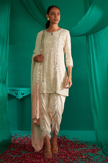 Mustard Moon By Neyha And Vrinda Sequin Butti Embroidered Kurta Tulip Pant Set 