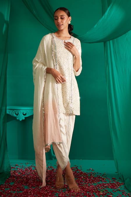 Mustard Moon By Neyha And Vrinda_Ivory Georgette, Satin Sequins, Embroidery Round Butti Kurta Tulip Pant Set _Online_at_Aza_Fashions