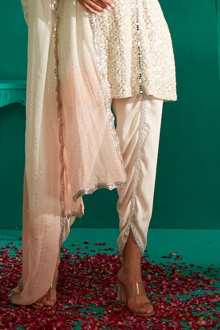 Buy_Mustard Moon By Neyha And Vrinda_Ivory Georgette, Satin Sequins, Embroidery Round Butti Kurta Tulip Pant Set _Online_at_Aza_Fashions