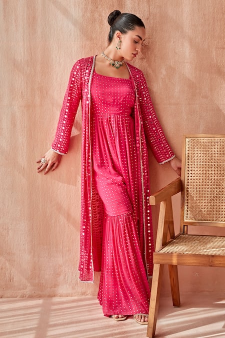 Mustard Moon by Neyha and Vrinda Pink Georgette Embroidered Mukaish Scoop Jumpsuit With Mirror Jacket