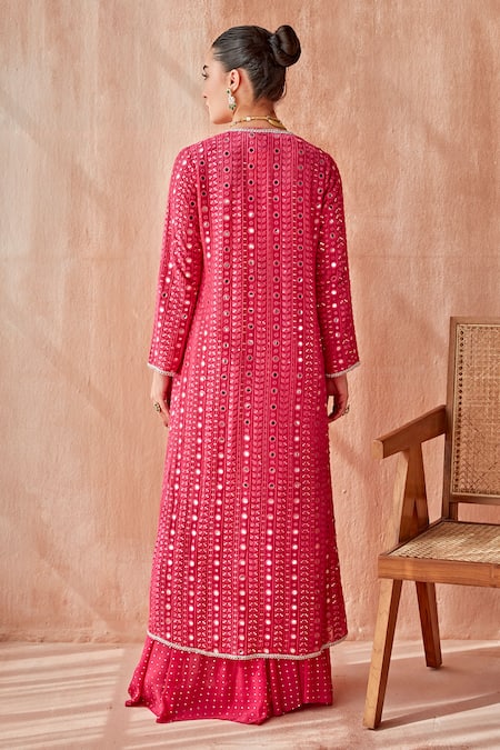 Mustard Moon By Neyha And Vrinda_Pink Georgette Mirrors Scoop Neck, Open Mukaish Jumpsuit With Jacket _Online_at_Aza_Fashions