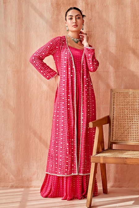 Buy_Mustard Moon By Neyha And Vrinda_Pink Georgette Mirrors Scoop Neck, Open Mukaish Jumpsuit With Jacket _Online_at_Aza_Fashions