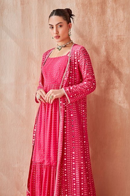 Shop_Mustard Moon By Neyha And Vrinda_Pink Georgette Mirrors Scoop Neck, Open Mukaish Jumpsuit With Jacket _Online_at_Aza_Fashions