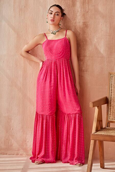 Mustard Moon By Neyha And Vrinda_Pink Georgette Mirrors Scoop Neck, Open Mukaish Jumpsuit With Jacket _at_Aza_Fashions