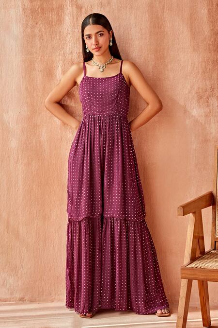 Buy_Mustard Moon By Neyha And Vrinda_Purple Georgette Mirrors Scoop Neck, Round Mukaish Work Jumpsuit With Jacket _Online_at_Aza_Fashions