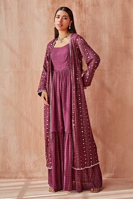 Shop_Mustard Moon By Neyha And Vrinda_Purple Georgette Mirrors Scoop Neck, Round Mukaish Work Jumpsuit With Jacket _Online_at_Aza_Fashions