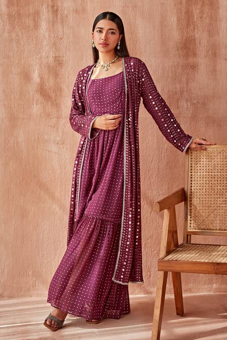 Mustard Moon By Neyha And Vrinda_Purple Georgette Mirrors Scoop Neck, Round Mukaish Work Jumpsuit With Jacket _at_Aza_Fashions