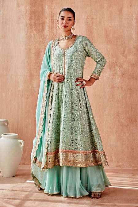 Mustard Moon by Neyha and Vrinda Blue Georgette Embroidered Pita Gota V Neck Anarkali Sharara Set