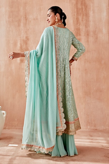 Mustard Moon By Neyha And Vrinda Blue Georgette Sequins, Embroidery, Mirrors V-neck Anarkali Sharara Set Online at Aza Fashions Mustard Moon By Neyha And Vrinda_Blue Georgette Sequins, Embroidery, Mirrors V-neck Anarkali Sharara Set _Online_at_Aza_Fashions