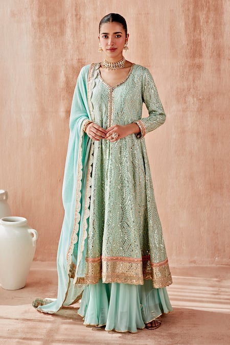 Shop Mustard Moon By Neyha And Vrinda Blue Georgette Sequins, Embroidery, Mirrors V-neck Anarkali Sharara Set Online at Aza Fashions Shop_Mustard Moon By Neyha And Vrinda_Blue Georgette Sequins, Embroidery, Mirrors V-neck Anarkali Sharara Set _Online_at_Aza_Fashions
