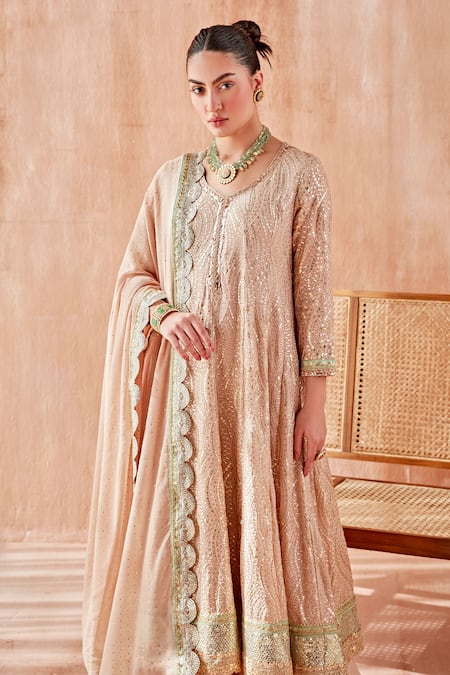 Buy_Mustard Moon By Neyha And Vrinda_Pink Georgette Sequins V-neck Pita Gota Work Anarkali Sharara Set _Online_at_Aza_Fashions