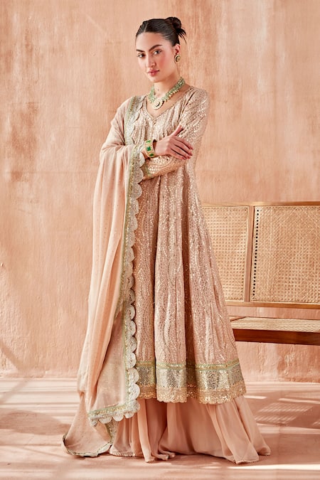 Shop_Mustard Moon By Neyha And Vrinda_Pink Georgette Sequins V-neck Pita Gota Work Anarkali Sharara Set _Online_at_Aza_Fashions