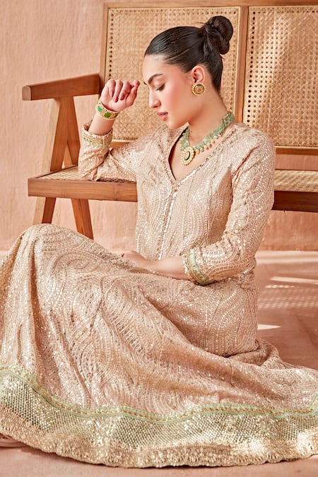 Mustard Moon By Neyha And Vrinda_Pink Georgette Sequins V-neck Pita Gota Work Anarkali Sharara Set _at_Aza_Fashions