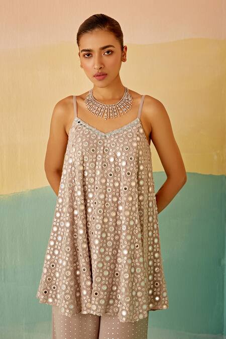 Mustard Moon By Neyha And Vrinda Silver Georgette Mirrors V-neck Embroidered Short Tunic And Flared Pant Set Online at Aza Fashions Mustard Moon By Neyha And Vrinda_Silver Georgette Mirrors V-neck Embroidered Short Tunic And Flared Pant Set_Online_at_Aza_Fashions