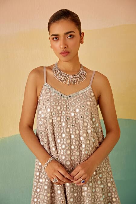 Buy Mustard Moon By Neyha And Vrinda Silver Georgette Mirrors V-neck Embroidered Short Tunic And Flared Pant Set Online at Aza Fashions Buy_Mustard Moon By Neyha And Vrinda_Silver Georgette Mirrors V-neck Embroidered Short Tunic And Flared Pant Set_Online_at_Aza_Fashions