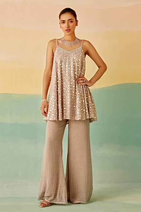 Shop Mustard Moon By Neyha And Vrinda Silver Georgette Mirrors V-neck Embroidered Short Tunic And Flared Pant Set Online at Aza Fashions Shop_Mustard Moon By Neyha And Vrinda_Silver Georgette Mirrors V-neck Embroidered Short Tunic And Flared Pant Set_Online_at_Aza_Fashions