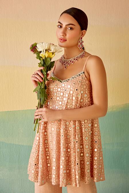 Mustard Moon By Neyha And Vrinda_Pink Georgette Mirrors V-neck Embroidered Swing Tunic And Flared Pant Set_Online_at_Aza_Fashions