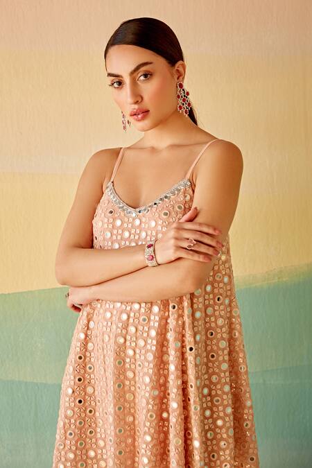 Shop_Mustard Moon By Neyha And Vrinda_Pink Georgette Mirrors V-neck Embroidered Swing Tunic And Flared Pant Set_Online_at_Aza_Fashions