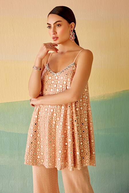 Mustard Moon By Neyha And Vrinda_Pink Georgette Mirrors V-neck Embroidered Swing Tunic And Flared Pant Set_at_Aza_Fashions