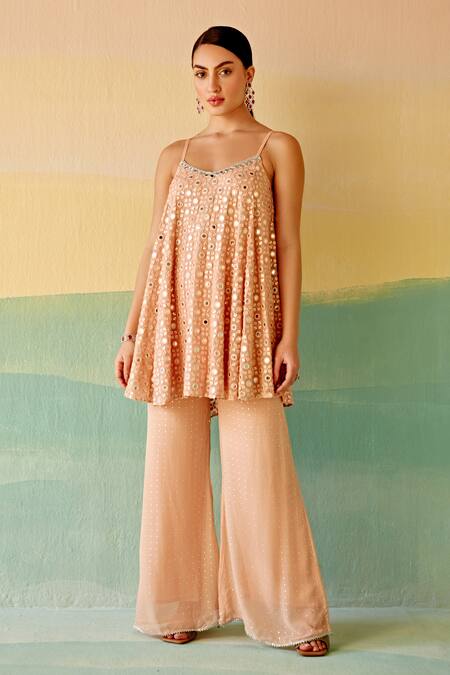 Buy_Mustard Moon By Neyha And Vrinda_Pink Georgette Mirrors V-neck Embroidered Swing Tunic And Flared Pant Set