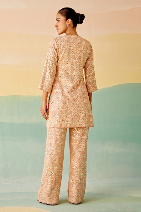 Mustard Moon By Neyha And Vrinda Mirror Work Tunic & Pant Set 