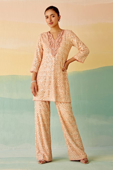 Shop_Mustard Moon By Neyha And Vrinda_Peach Georgette Sequins Collared Mirror Work Tunic And Pant Set _Online_at_Aza_Fashions