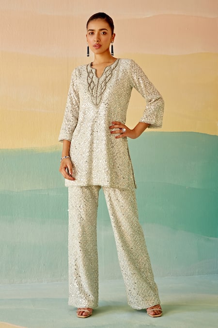 Mustard Moon by Neyha and Vrinda Thread & Mirror Work Tunic & Pant Set 