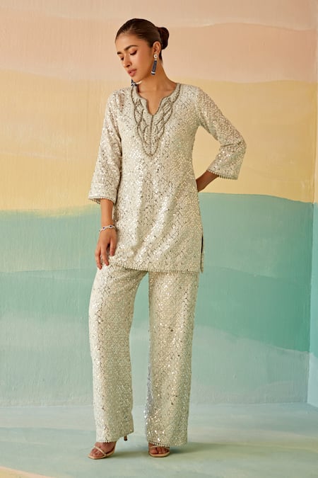 Buy_Mustard Moon By Neyha And Vrinda_Blue Georgette Sequins, Embroidery Keyhole Thread And Mirror Work Tunic & Pant Set _Online_at_Aza_Fashions