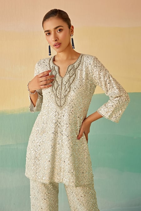 Shop_Mustard Moon By Neyha And Vrinda_Blue Georgette Sequins, Embroidery Keyhole Thread And Mirror Work Tunic & Pant Set _Online_at_Aza_Fashions