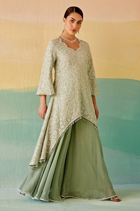 Mustard Moon By Neyha And Vrinda Sequin & Thread Work Kurta & Sharara Set 
